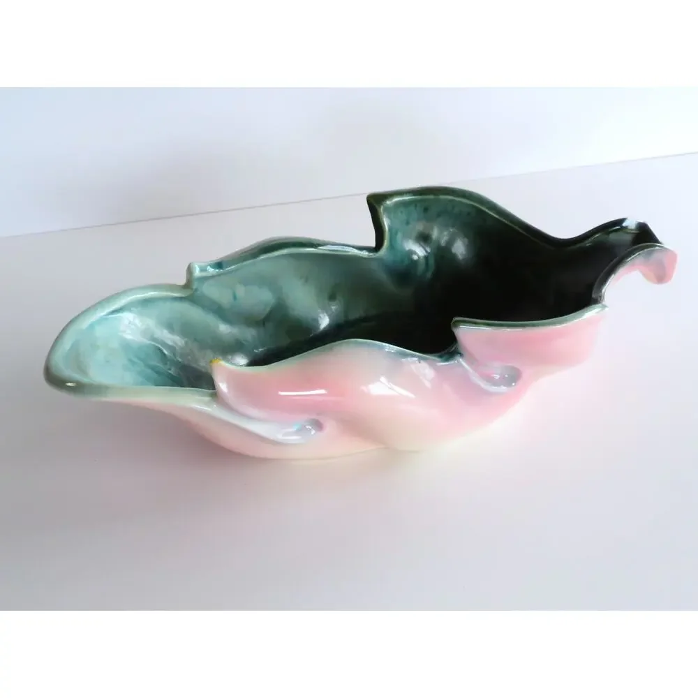 Vintage Hull Leaf Console Bowl USA 78 Pink and Green MCM Art Pottery Centerpiece